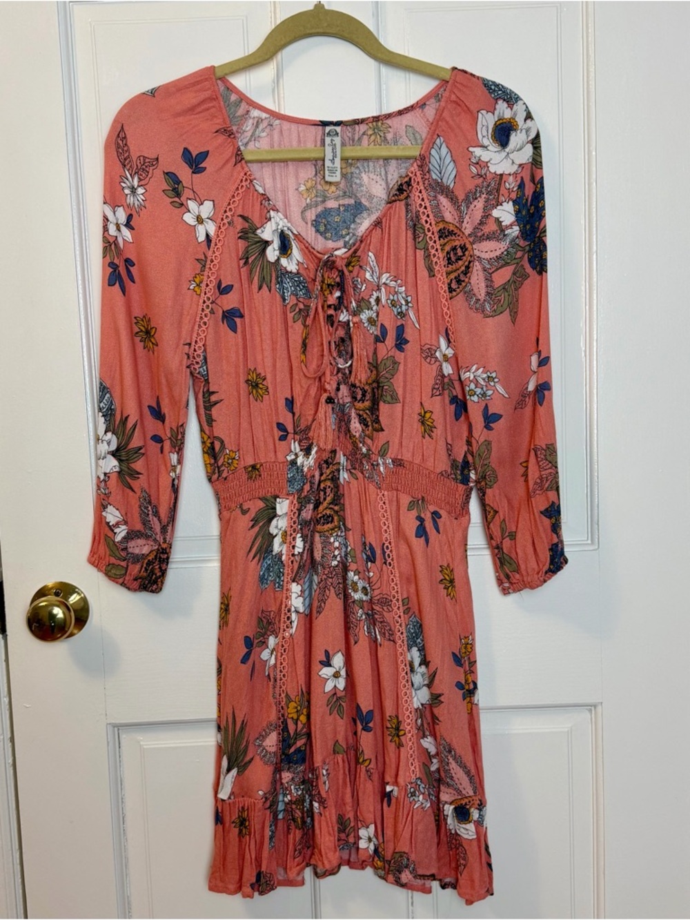 American Rag Cie Rayon Orange / Peach Floral Dress with Tassel Detail, Size S